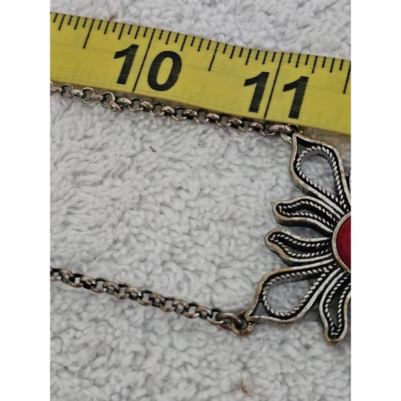 Vintage Silver Tone Necklace with Red Stone Cabochon Accents 22" - Picture 5 of 6